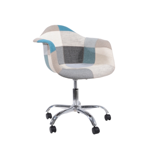 Cadeira Charles Eames Eiffel Com Braços - Base Giratoria - Assento Patchwork Azul E Cinza