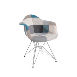 Cadeira Charles Eames Eiffel Com Braços - Base Metal Cromada - Assento Patchwork Azul E Cinza