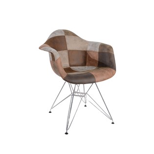 Cadeira Charles Eames Eiffel Com Braços - Base Metal Cromada - Assento Patchwork Caramelo