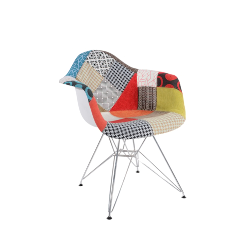 Cadeira Charles Eames Eiffel Com Braços - Base Metal Cromada - Assento Patchwork Losango