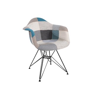 Cadeira Charles Eames Eiffel Com Braços - Base Metal Preta - Assento Patchwork Azul E Cinza