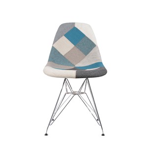 Cadeira Charles Eames Eiffel Sem Braços - Base Metal Cromada - Assento Patchwork Azul E Cinza