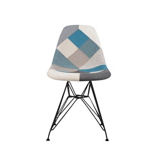 Cadeira Charles Eames Eiffel Sem Braços - Base Metal Preta - Assento Patchwork Azul E Cinza