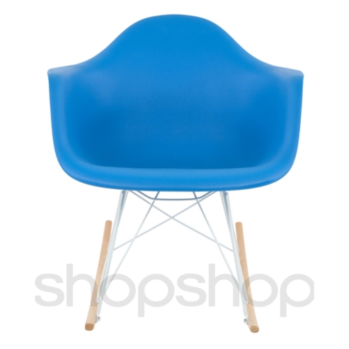 Cadeira Eames Eiffel Balanço - Base em Aço Branco e Madeira Clara - Assento Cor Azul