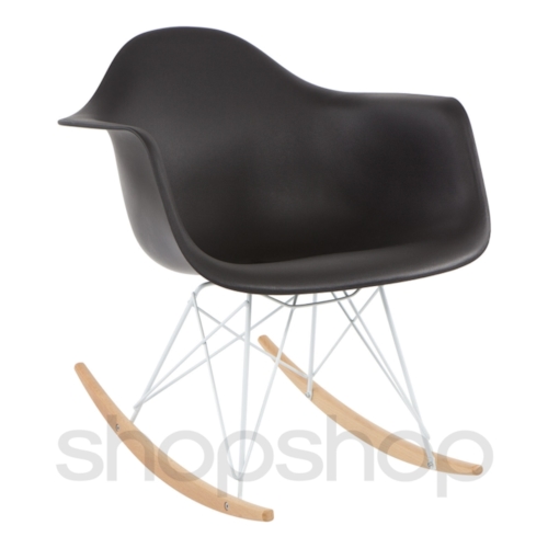 Cadeira Eames Eiffel Balanço - Base em Aço Branco e Madeira Clara - Assento Cor Preta