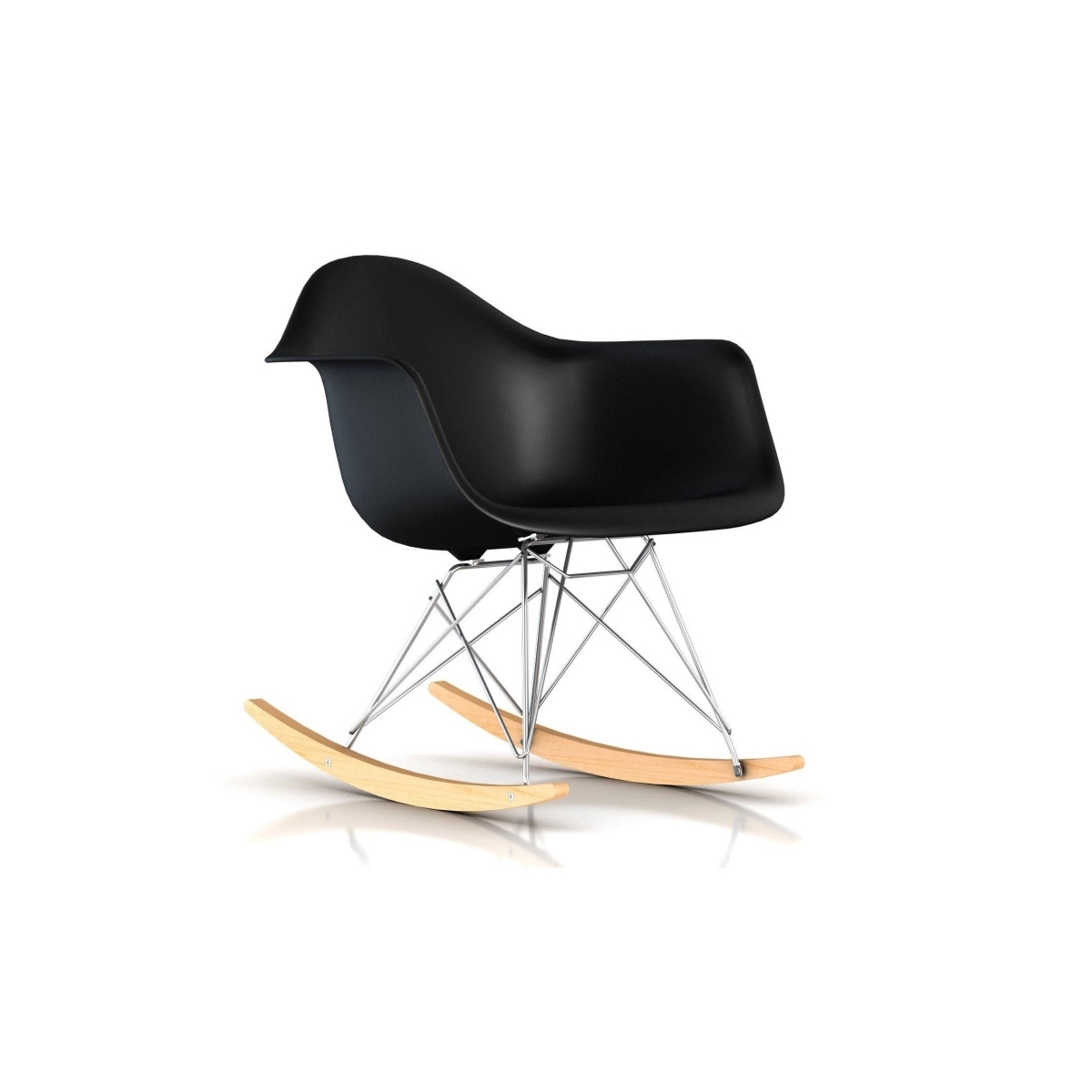 Cadeira Eames Eiffel Balanço - Base em Aço Cromado e Madeira Clara - Assento Cor Preta