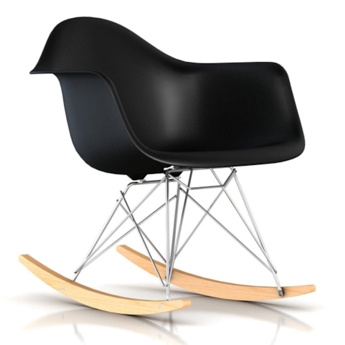 Cadeira Eames Eiffel Balanço - Base em Aço Cromado e Madeira Clara - Assento Cor Preta