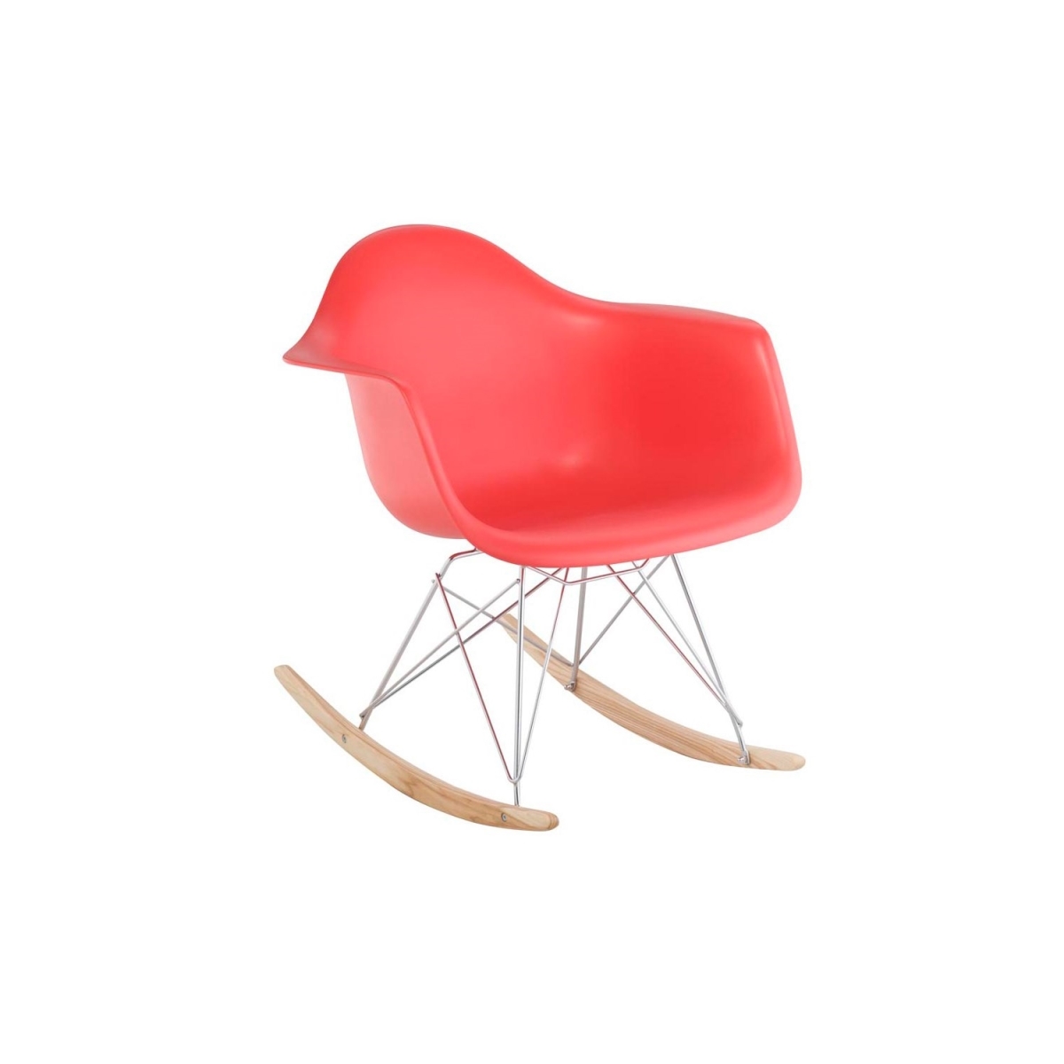 Cadeira Eames Eiffel Balanço - Base em Aço Cromado e Madeira Clara - Assento Cor Vermelha