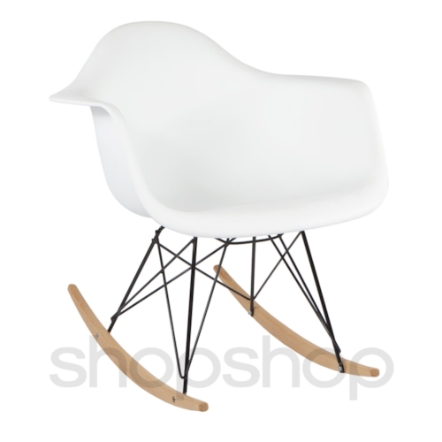 Cadeira Eames Eiffel Balanço - Base em Aço Preto e Madeira Clara - Assento Cor Branca