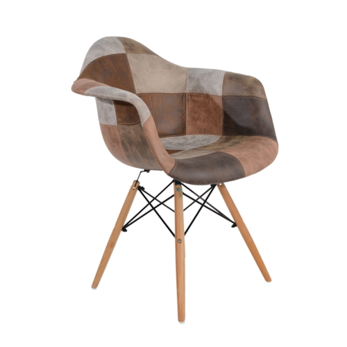 Cadeira Eames Eiffel Com Braços e Base Madeira - Assento Revestido em Patchwork Caramelo