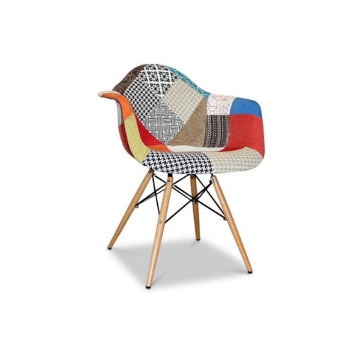 Cadeira Eames Eiffel Com Braços e Base Madeira - Assento Revestido em Patchwork (Frente e Atrás)