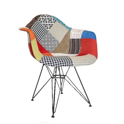 Cadeira Eames Eiffel Com Braços e Base Metal Preto - Assento Revestido em Patchwork Principal (Frente e Trás)