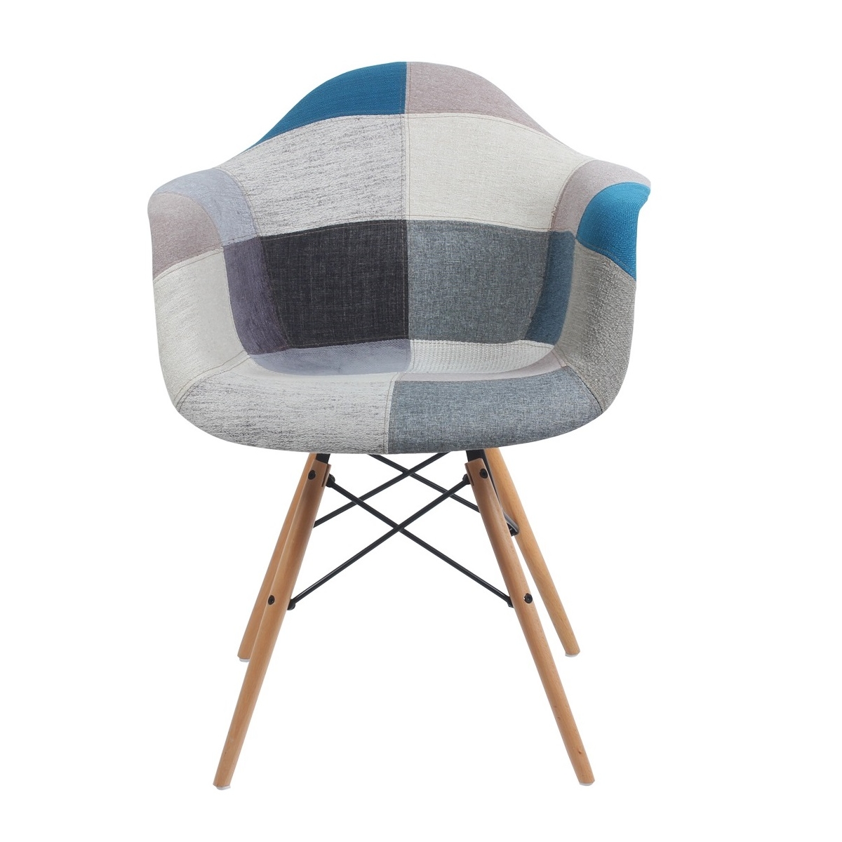 Cadeira Eiffel Com Braços - Base Madeira - Assento Patchwork Azul E Cinza (frente e verso)