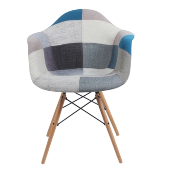 Cadeira Eiffel Com Braços - Base Madeira - Assento Patchwork Azul E Cinza (frente e verso)