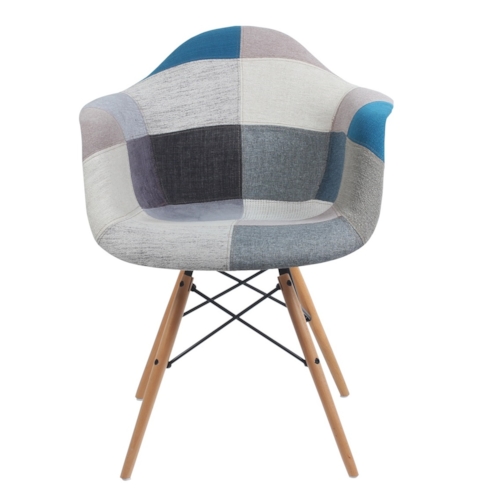 Cadeira Eiffel Com Braços - Base Madeira - Assento Patchwork Azul E Cinza (frente e verso)