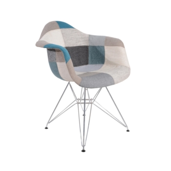 Cadeira Eiffel Com Braços - Base Metal - Assento Patchwork Azul E Cinza