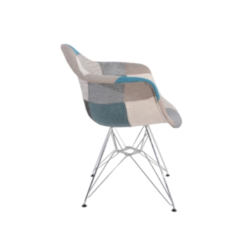 Cadeira Eiffel Com Braços - Base Metal - Assento Patchwork Azul E Cinza