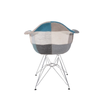Cadeira Eiffel Com Braços - Base Metal - Assento Patchwork Azul E Cinza