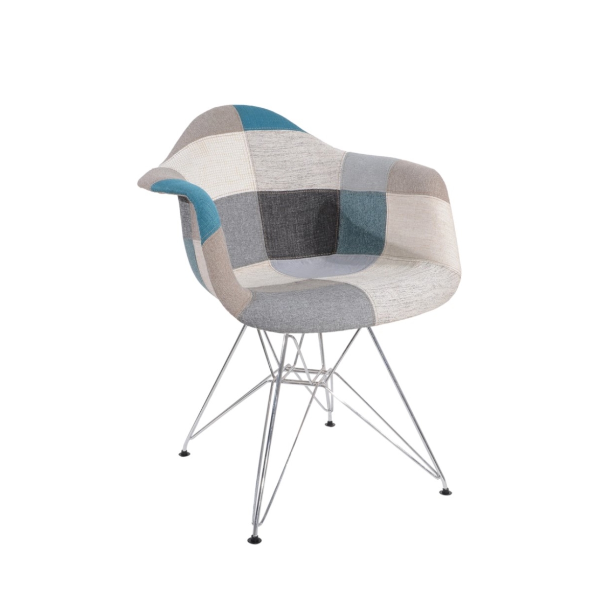 Cadeira Eiffel Com Braços - Base Metal - Assento Patchwork Azul E Cinza