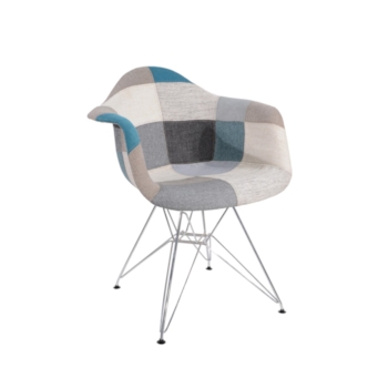 Cadeira Eiffel Com Braços - Base Metal - Assento Patchwork Azul E Cinza