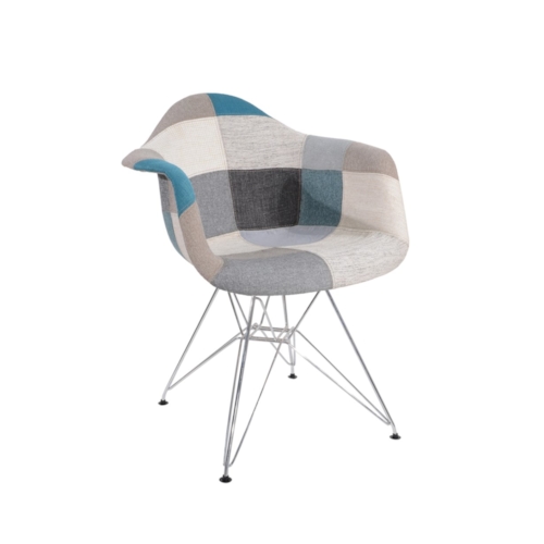 Cadeira Eiffel Com Braços - Base Metal - Assento Patchwork Azul E Cinza