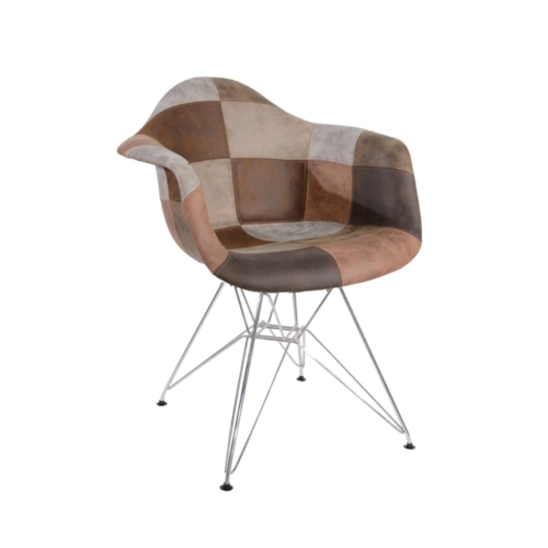 Cadeira Eiffel Com Braços - Base Metal - Assento Patchwork Caramelo